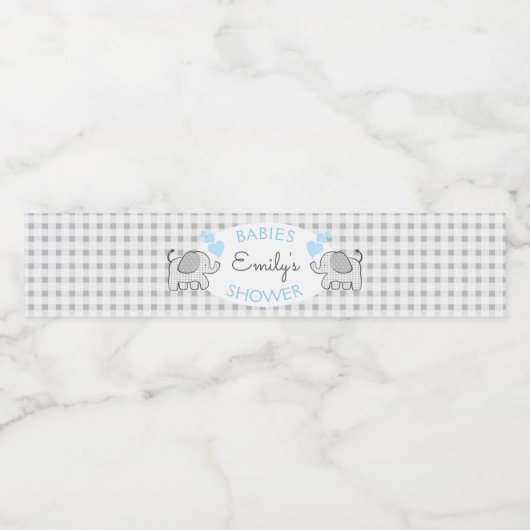 Gingham Olifanten met Blue Hearts Baby shower Waterfles Etiket (Enkel label)