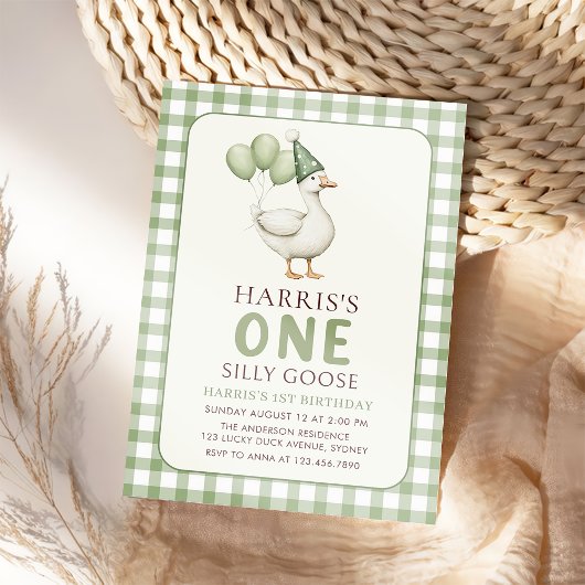Gingham One Gekke Goose 1st Birthday Invitation Kaart