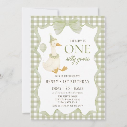 Gingham One Silly Goose 1st Birthday Invitation Kaart (Voorkant)