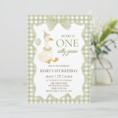 Gingham One Silly Goose 1st Birthday Invitation Kaart (Staand voorkant)
