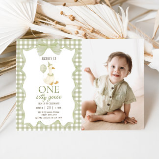 Gingham One Silly Goose 1st Birthday Invitation Kaart