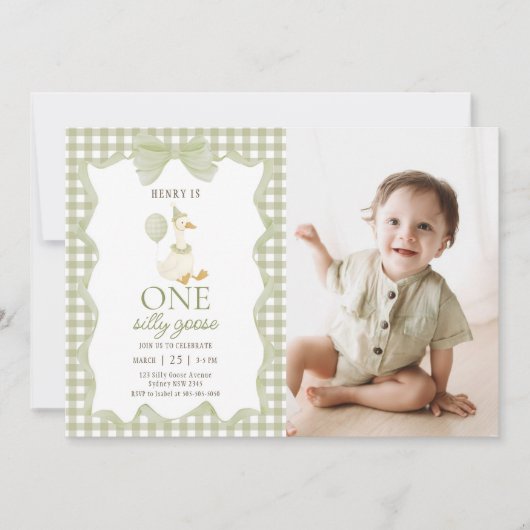 Gingham One Silly Goose 1st Birthday Invitation Kaart (Voorkant)