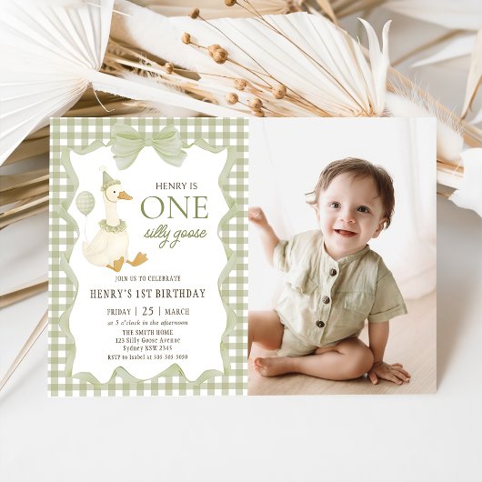 Gingham One Silly Goose 1st Birthday Photo Kaart