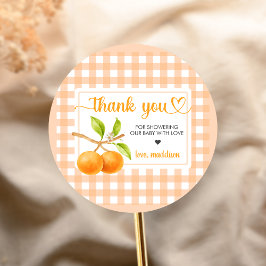 Gingham Orange Baby Shower Ronde Sticker