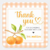 Gingham Orange Baby Shower Vierkante Sticker (Voorkant)