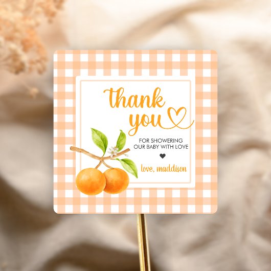 Gingham Oranje Baby Shower Vierkante Sticker