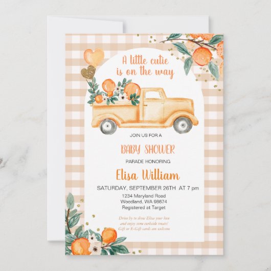 Gingham Oranje Citrus Little Cutie Baby shower Kaart (Voorkant)