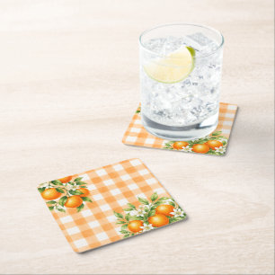 Gingham Oranje Een Klein Moppie Citrus Baby Shower Kartonnen Onderzetters