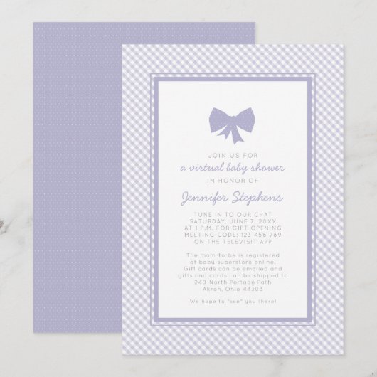 Gingham paarse strik virtuele babyshower kaart (Voorkant / Achterkant)