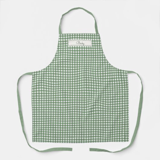 Gingham patroon in het groen met naam schort (Voorkant)