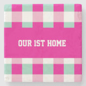 Gingham Patroon Ons 1e Huis Stenen Onderzetter (Voorkant)