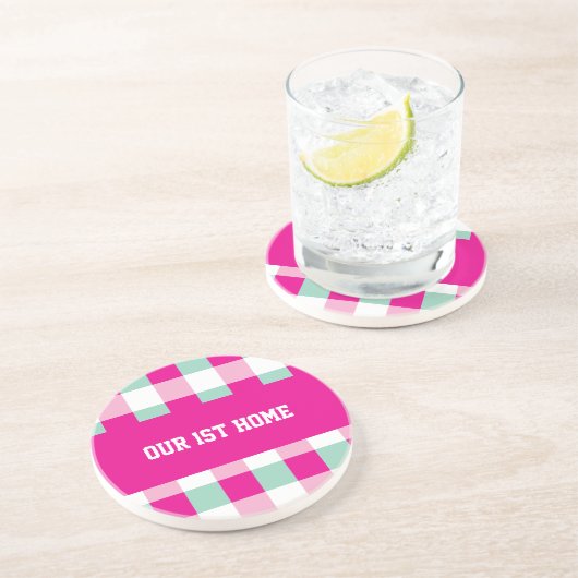 Gingham Patroon Ons 1e Thuis Zandsteen Onderzetter (Zijkant)