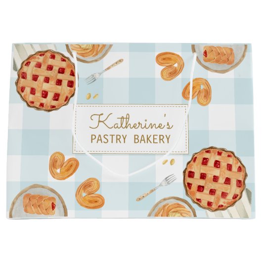 Gingham Patroon Waterverf Gebak Bakkerij Groot Cadeauzakje (Voorkant)