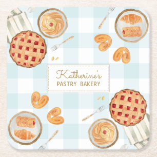 Gingham Patroon Waterverf Gebak Bakkerij Kartonnen Onderzetters