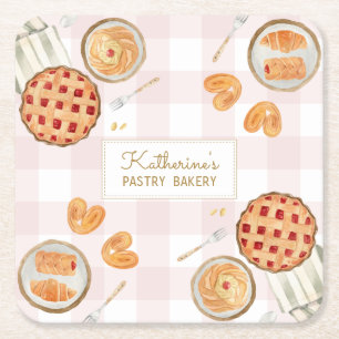 Gingham Patroon Waterverf Gebak Bakkerij Kartonnen Onderzetters