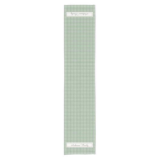 Gingham Pattern in Green with double Family Name Korte Tafelloper (Voorkant)
