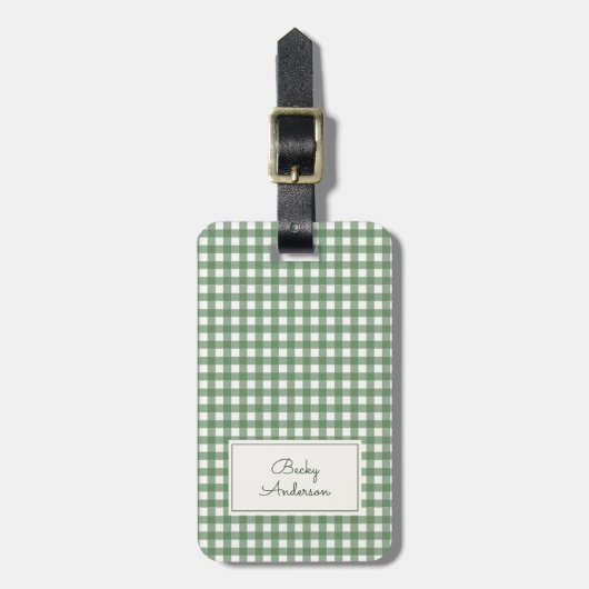 Gingham Pattern in Green with Name and Contact Bagagelabel (Voorkant verticaal)