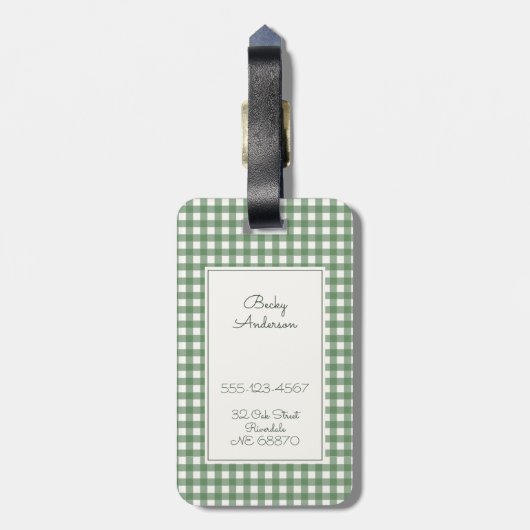 Gingham Pattern in Green with Name and Contact Bagagelabel (Achterkant verticaal)