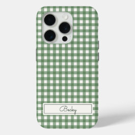 Gingham Pattern in Green with Name iPhone 15 Pro Case