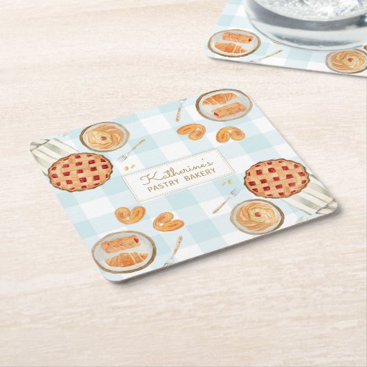 Gingham Pattern Waterverf gebak bakken Bakkerij Kartonnen Onderzetters (Schuin)