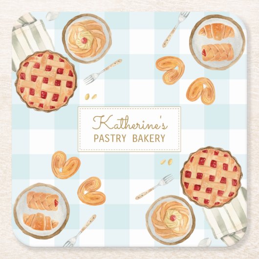 Gingham Pattern Waterverf gebak bakken Bakkerij Kartonnen Onderzetters (Voorkant)