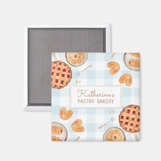 Gingham Pattern Waterverf gebak bakken Bakkerij Magneet (Voorkant / Achterkant)