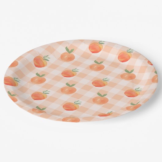 Gingham Peach Paper Plates Papieren Bordje (Gekanteld)
