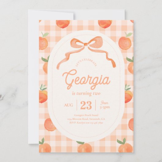 Gingham Peach Verjaardag Uitnodiging (Voorkant)