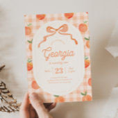 Gingham Peach Verjaardag Uitnodiging