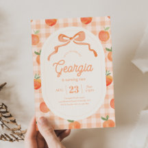 Gingham Peach Verjaardag Uitnodiging