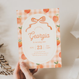 Gingham Peach Verjaardag Uitnodiging