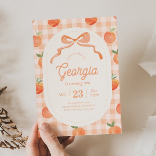 Gingham Peach Verjaardag Uitnodiging