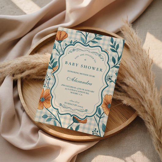 Gingham Perzik Bloemen Baby Shower Kaart