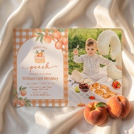 Gingham Perzik Jongens Verjaardagsuitnodiging Foto Kaart