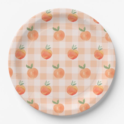Gingham Perzik Papieren Borden Bordje (Voorkant)