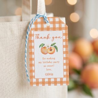 Gingham perzik verjaardag cadeaukaartjes cadeaulabel
