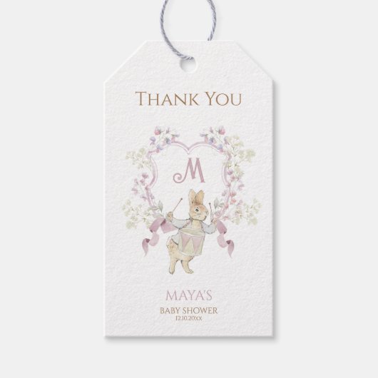 Gingham Peter de Konijn Roze Monogram Baby shower Cadeaulabel (Voorkant)