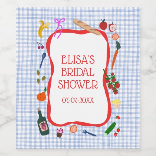 Gingham Picknick Modern Liefdevol Aangepaste Bruid Wijn Etiket (Enkel label)