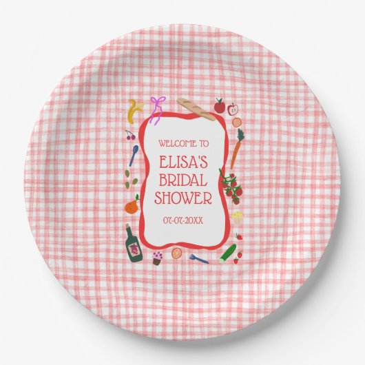 Gingham Picknick Modern Mooie Aangepaste Bruidsdou Papieren Bordje (Voorkant)