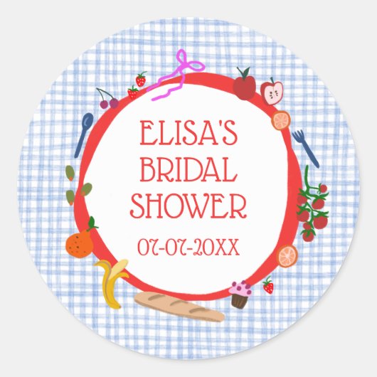 Gingham Picknick Modern Mooie Aangepaste Bruidsdou Ronde Sticker (Voorkant)