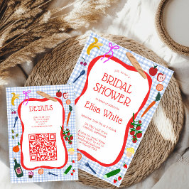 Gingham Picknick Modern Mooie Aangepaste QR Bruids Informatiekaartje
