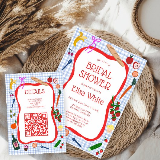 Gingham Picknick Modern Mooie Aangepaste QR Bruids Informatiekaartje