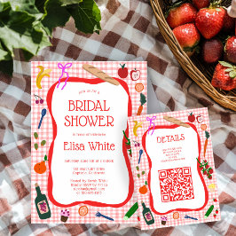 Gingham Picknick Modern Mooie Aangepaste QR Bruids Informatiekaartje