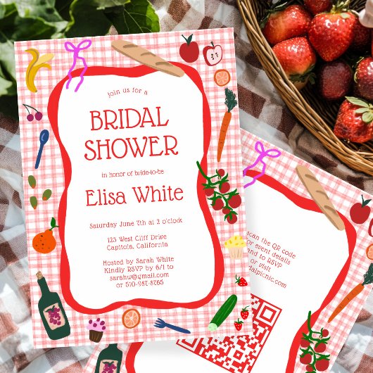Gingham Picknick Modern Mooie Aangepaste QR Bruids Kaart