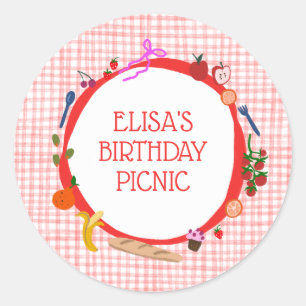 Gingham Picknick Modern Mooie VERJAARDAGSPARTY OP  Ronde Sticker