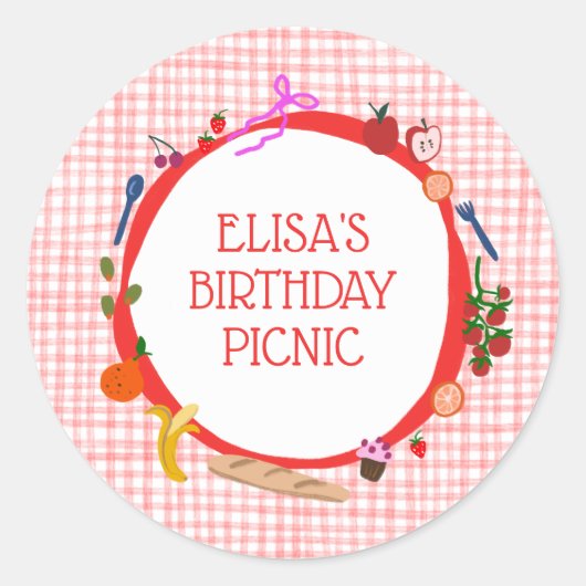 Gingham Picknick Modern Mooie VERJAARDAGSPARTY OP Ronde Sticker (Voorkant)