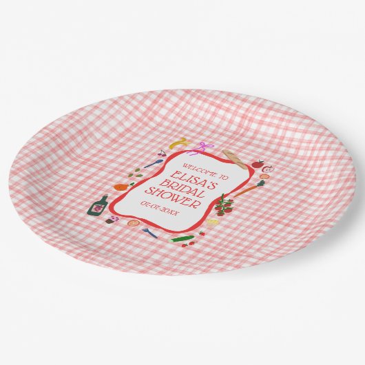 Gingham Picknick Moderne Cute Aangepaste Bruidsdou Papieren Bordje (Gekanteld)