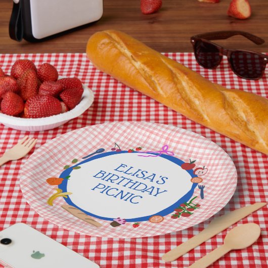 Gingham Picknick Moderne Cute Aangepaste VERJAARDA Papieren Bordje (Picknick)