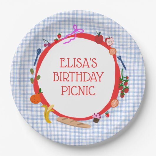 Gingham Picknick Moderne Cute Aangepaste VERJAARDA Papieren Bordje (Voorkant)