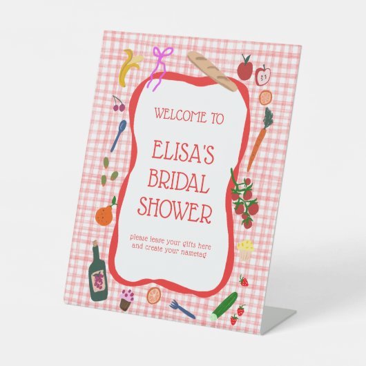 Gingham Picnic Modern CUSTOM Vrijgezellenfeest CAD Reclamebord Met Voetstuk (Voorkant)
